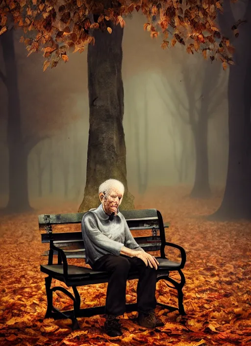 Prompt: man into leaves. conceptual photography portrait of an old man on a park bench falling apart into leaves, autumn tranquility, forgetfulness, fading to dust and leaves, oblivion, inevitability, aging, surreal portrait, moody, by tom bagshaw, hopeless, 4 k