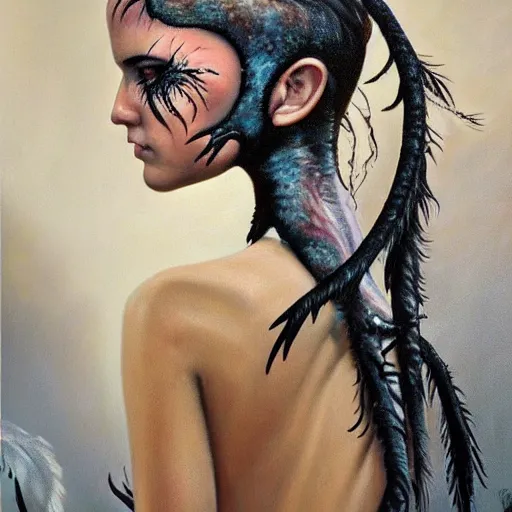 Image similar to detailed realistic oil painting youthful young alien jennifer connelly with black feathers instead of hair, dark fae, black eyes, black lips, uncanny valley, gray mottled skin, feathers growing out of skin, feathers growing from arms, black hands with long black claws, pale and sickly, profile view, full body, gothic, giger - - ar 9 : 1 6