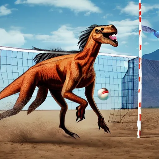 Image similar to a horse and a velociraptor playing volleyball