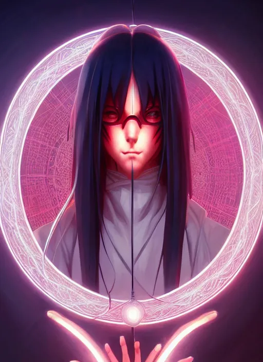 Image similar to symmetry!! itachi, glowing lights!! intricate, elegant, highly detailed, digital painting, artstation, concept art, smooth, sharp focus, illustration, art by artgerm and greg rutkowski and alphonse mucha