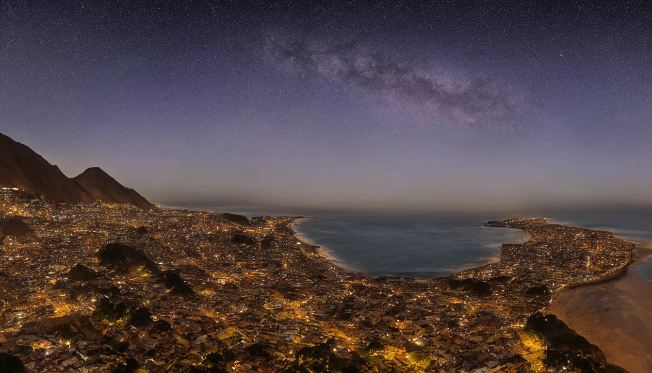 Prompt: coast of Lima, Peru at dusk with a Milky Way sky photographed in 4K, photorealistic