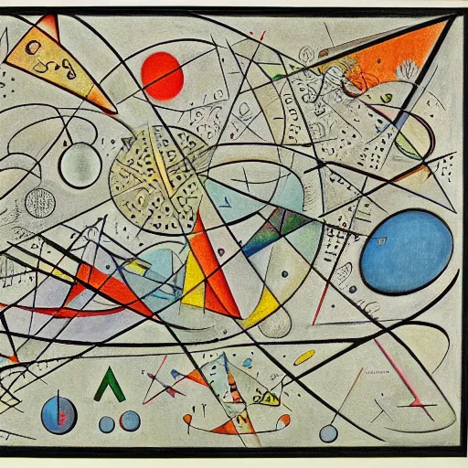 Prompt: complex mathematical equations inspired by bosch, calder, kandinsky, miro, bosch, klee. mathematical paradise, detailed beautiful animals, esoteric equation heaven, detailed beautiful plants, 3 d platonic solids, elegant intricate diagrams, beautiful equations, oil paint, pen and ink, color, hyperrealistic, on loan from louvre, masterpiece