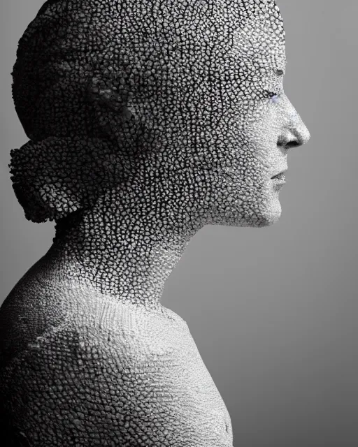 Prompt: a woman's face in profile, made of fish scales, in the style of the dutch masters and gregory crewdson, dark and moody