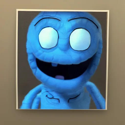 Image similar to portrait of real life mr meeseeks. photo realism. dramatic lighting. living room background. 4 k