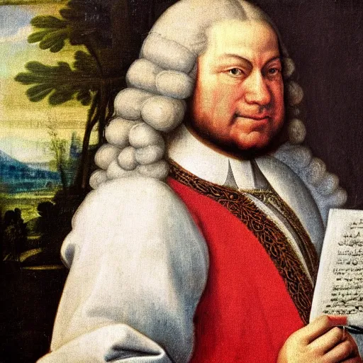 Image similar to a renaissance painting of bach, he is smiling at the camera and writing a piece of music on a sheet.