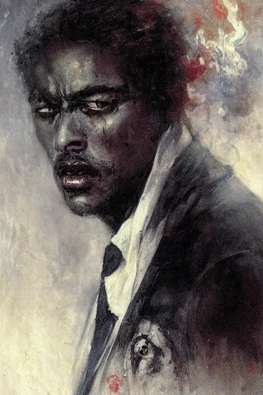 Image similar to portrait of a contract killer, a black man in a pristine white dress shirt. his eyes are collapsing black pits of darkness. horror. art by gaston bussiere.