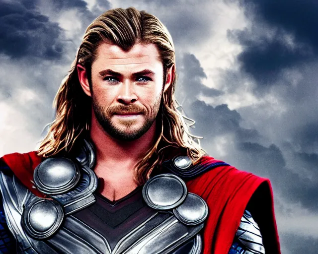 Image similar to Chris Hemsworth as thor at a gay pride event, cinematic shot, 8k resolution, hyper detailed