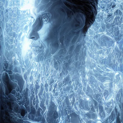 Prompt: albinoman suspended weightless in water inside glass tank. wearing light blue complex hyperdetailed technical suit. white hair flowing. reflection. rays and dispersion of light. volumetric light. 5 0 mm, f / 3 2. noise film photo. ultra realistic, wide angle. wayne barlowe, hajime sorayama aaron horkey, craig mullins