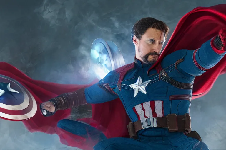 Image similar to photograph of captain america casting spells through his shield, wearing doctor strange's outfit, nvidia, highly detailed, concept art, illustration, cinematic