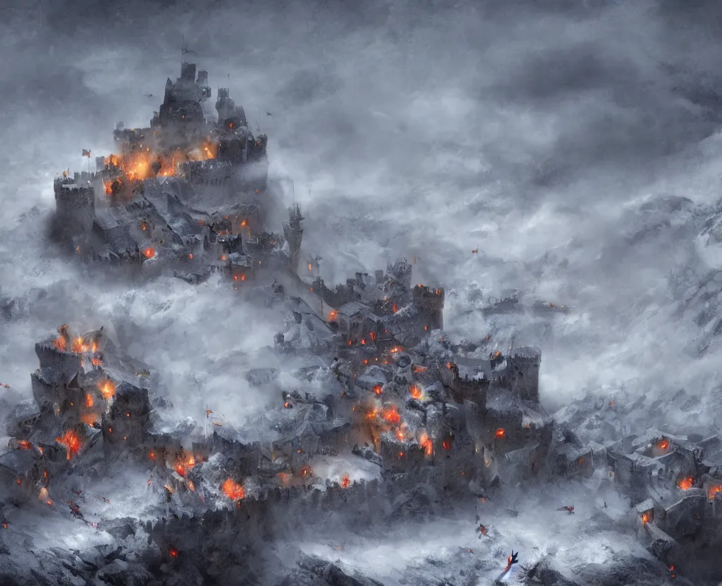 Image similar to Siege of a medieval castle in winter while two great armies face each other fighting below with banners and flags, catapults throw stones at the castle destroying its stone walls, heavy snow storm, fantasy, medieval, fire, explosions and grey smoke here and there, a dragon is slightly seen flying through the sky half covered by clouds smoke and fog, trending on Artstation, detailed oil on canvas painting by greg rutkowski and Raoul Vitale