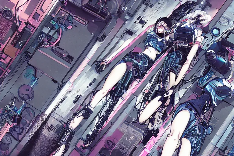 Image similar to a cyberpunk illustration of a group of three coherent female androids in style of masamune shirow, lying on an empty, white floor with their bodies broken scattered rotated in different directions and cables and wires coming out, by yukito kishiro and katsuhiro otomo, hyper-detailed, intricate, view from above