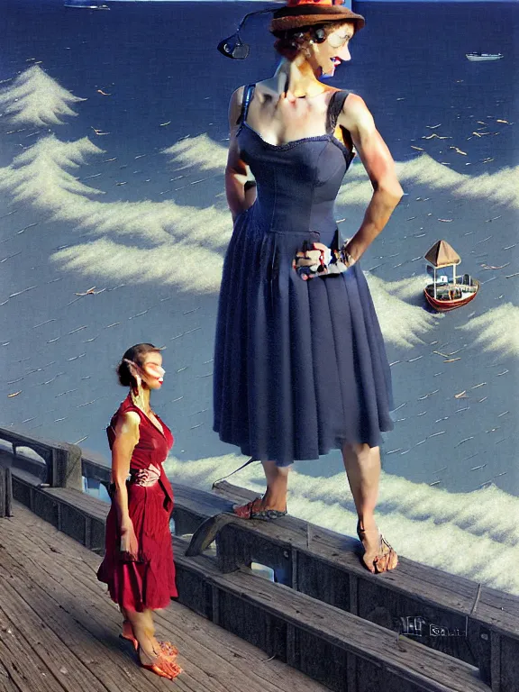 Image similar to a fancy beautiful young lady standing on a wharf at the edge of the sea by rob gonsalves and ruth deckard and gil elvgren and harry ekman and george petty and hilo chen and norman rockwell, crisp details, hyperrealism, high detail, high contrast, low light, grey mist, cobblestones, dim lantern