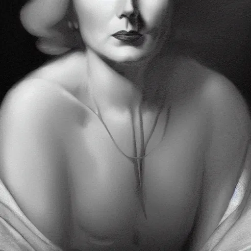 Prompt: Portrait of Greta Garbo by Ferdinand Keller and Arnold Böcklin and Jean-Auguste-Dominique Ingres and Michael Whelan and Albert Bierstadt, black and white, moody atmosphere, cinematic atmospheric, artstation, high definition