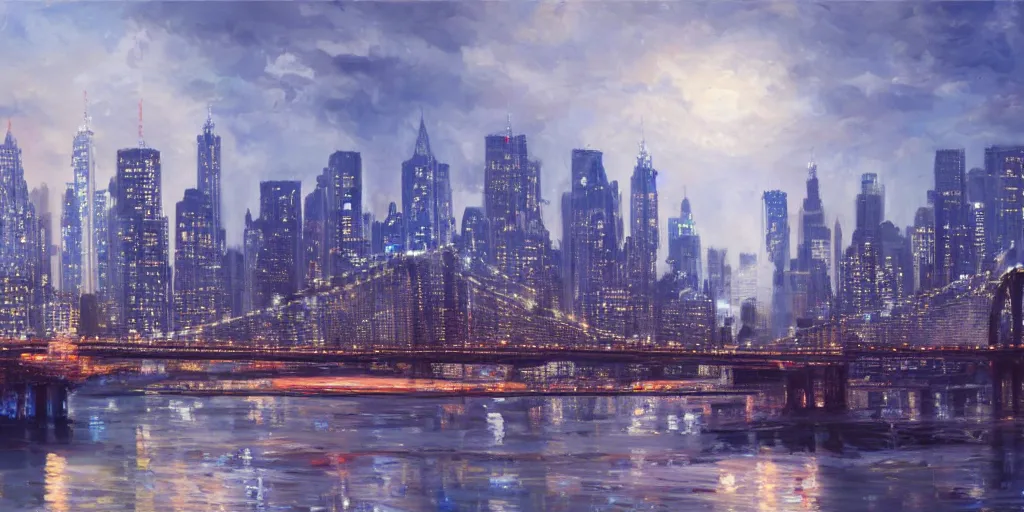 Prompt: Brooklyn in the distant future, cinematic lighting, detailed oil painting, hyperrealistic, 8k