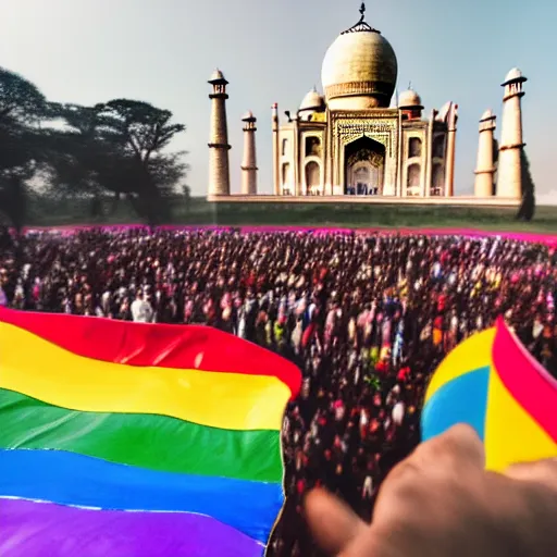 Image similar to photo of crowd of men wearing leather clothes with rainbow flags dancing at ( ( ( ( taj mahal ) ) ) ), well framed, sharp focus, 8 k, beautiful, award winning photo, highly detailed, intricate, centered, soft clouds