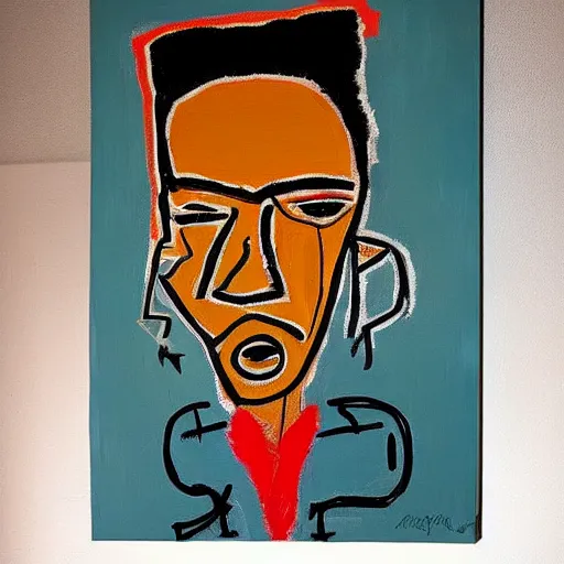 Prompt: a portrait made by Basquiat of a male guy with little beard big lips big nose style paint canvas materical