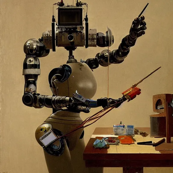 Prompt: robot artist painting a self - portrait on a canvas. intricate, highly detailed, photorealistic, film still, by carl spitzweg, hans thoma, alexandros pyromallis, gil elvgren, sachin teng.