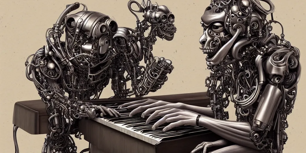 Image similar to portrait of a cyborg monkey who plays piano, biomechanical, hyper detailed, trending on artstation