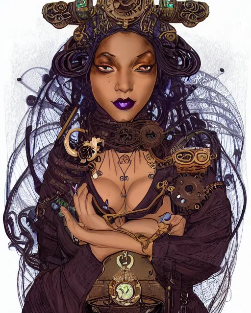 Image similar to a detailed portrait illustration of a steampunk mage - courtesan. beautiful black female face. art nouveau, pop art, comic book style. influenced by neil gaiman, h. p. lovecraft, dan mumford, brian froud, julie bell, killian eng, ross tran.