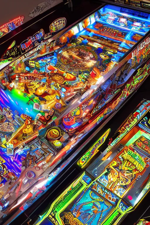 Image similar to a detailed pinball table layout overhead view, game art, realistic digital art, fluorescent colors, halluzinogenic, multicolored, exaggerated detailed, unreal engine