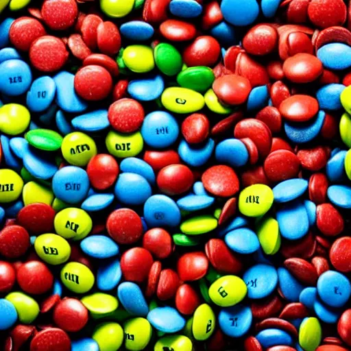 Image similar to a pile of m & ms in a radioactive cityscape