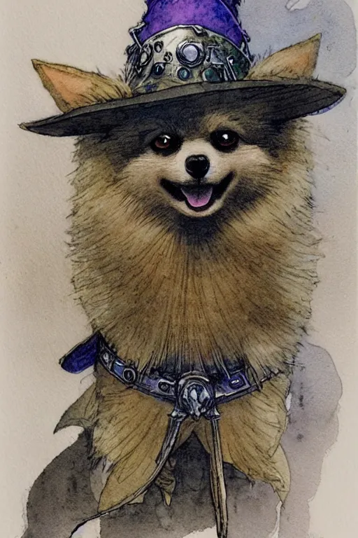 Image similar to a simple and atmospheric watercolour fantasy character concept art portrait of a robotic pomeranian as a druidic warrior wizard looking at the camera with an intelligent gaze, very muted colors, by rebecca guay, michael kaluta, charles vess and jean moebius giraud