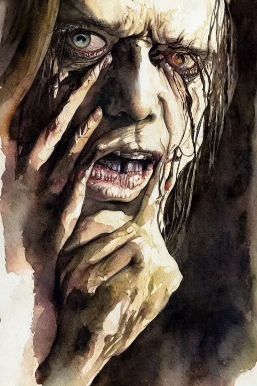 Image similar to beautiful clean water color painting of haunting, scary, portrait study by bernie wrightson, detailed, stunning, realistic