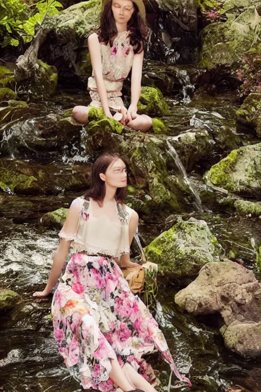 Prompt: hyperrealistic cute model in nature wearing valentino resort 2 0 1 6 spring floral, lace, patterned, sheer skirt, lounging by a waterfall, tranquil fashion scene