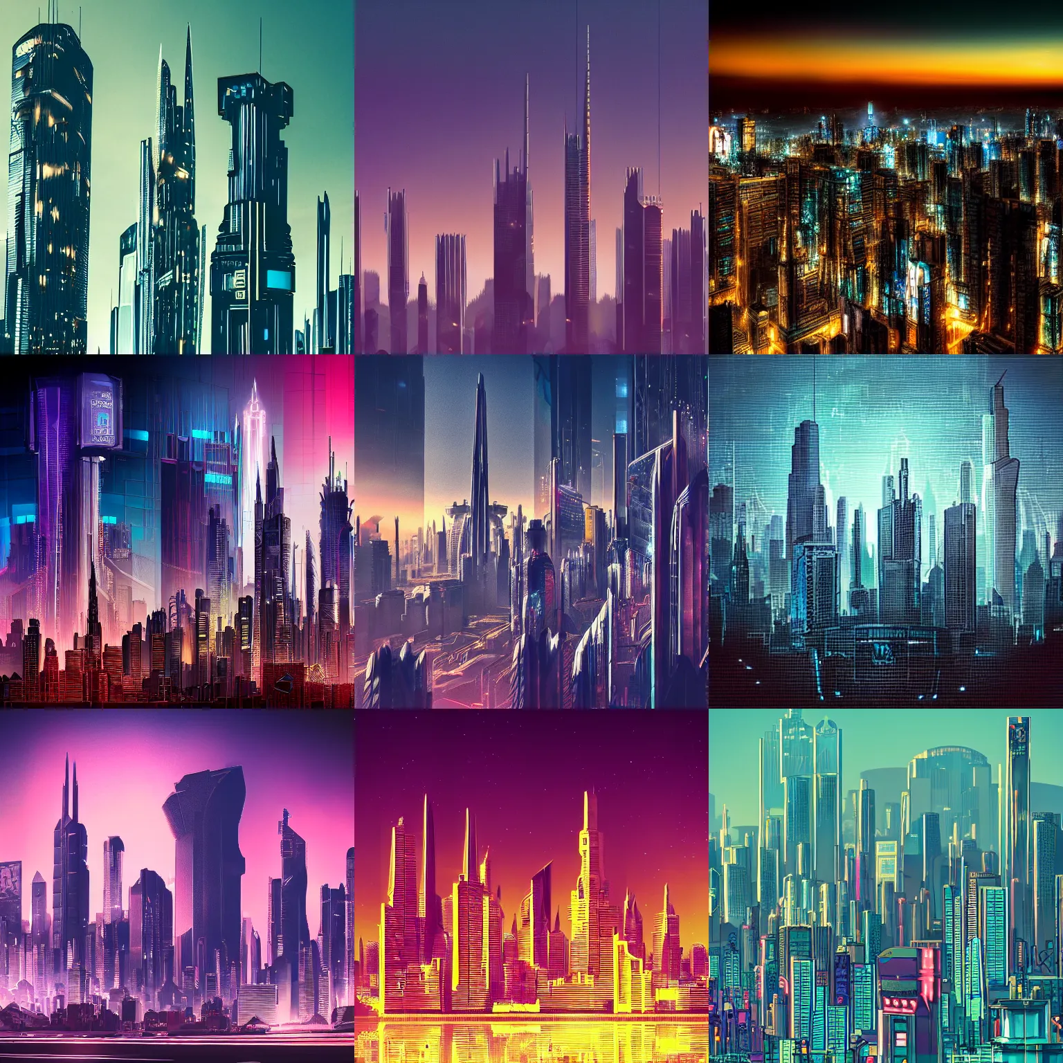 Prompt: detailed photo of a beautiful skyline with cyberpunk art deco monument