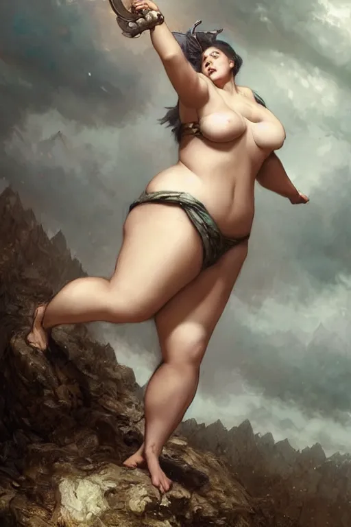 Prompt: Chonky heroine with thick thighs and large breasts, standing over a fallen foe, with her foot on his chest - in the style of greg rutkowski, by Gustave Doré, by Marco Turini, by Artgerm, Deviantart in the style of Tom Bagshaw, Cedric Peyravernay, Peter Mohrbacher by William-Adolphe Bouguereau,