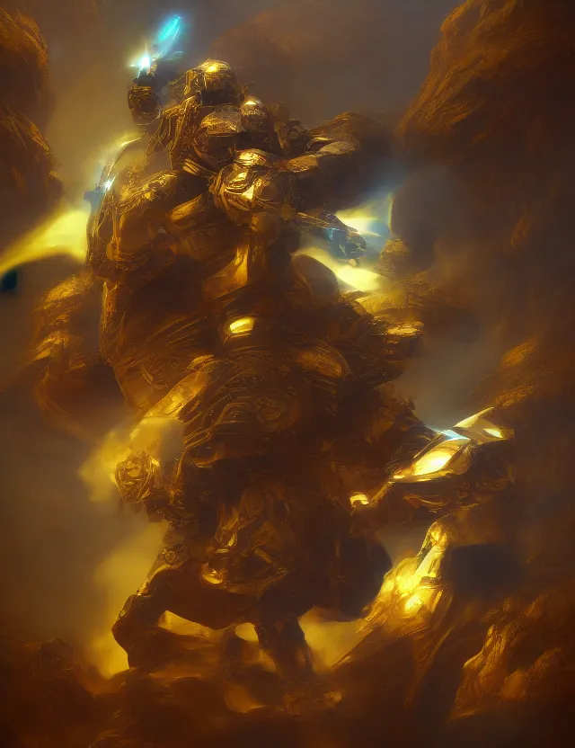 Image similar to full body, attack position abstract painting in lush fantasy environment of a ornate holy mechanical warforged with circular glowing eye, character in yellow armor holding a legendary paladin engraved holy great longsword and carrying a huge heavy paladin shield, vertically flat head, face in focus, epic , trending on ArtStation, masterpiece, cinematic lighting, by Ross Tran and by Greg Rutkowski