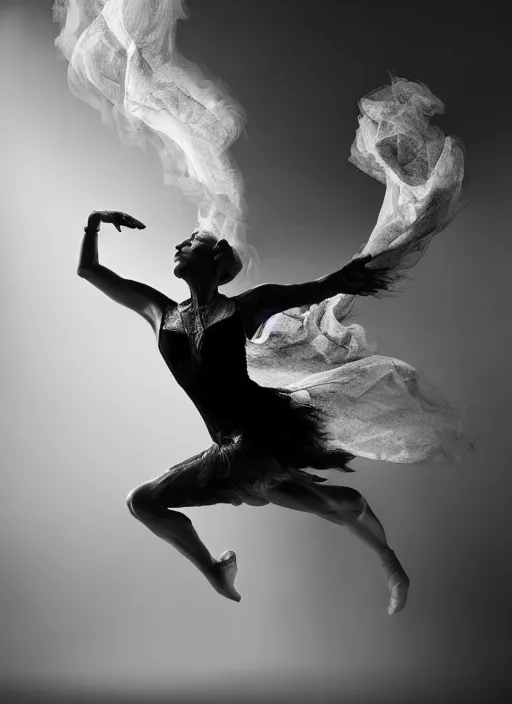 Image similar to a Photorealistic dramatic hyperrealistic render of a glamorous beautiful Female smoke dancer by Ken Brower and Deborah Ory of NYC Dance project,Lois Greenfield,Flowing cloth and smoke,Beautiful dynamic dramatic dark moody lighting,volumetric,shadows,cinematic atmosphere,Octane render,8K