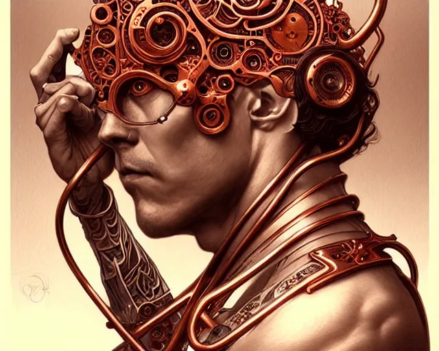 Prompt: A man with mechanical eyes, art nouveau, fantasy, intricate copper pipe designs, elegant, highly detailed, sharp focus, art by Artgerm and Greg Rutkowski and WLOP
