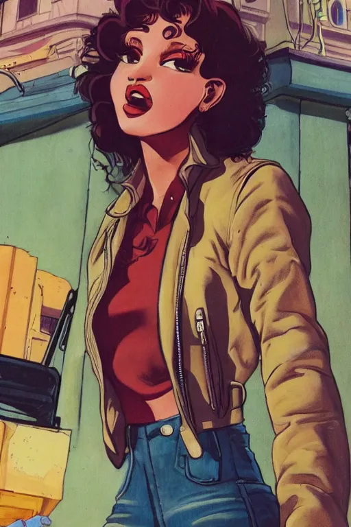 Image similar to portrait of an attractive young female protagonist, center focus, wearing leather jacket, in city street, detailed face, artwork by ralph bakshi