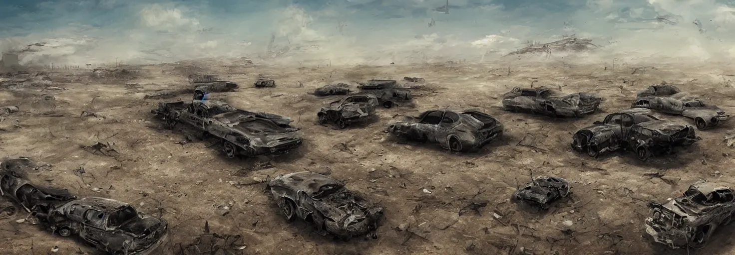 Image similar to wastelands by day, detailed ground, blue sky, smoke, end of war, vehicle wrecks, as seen by the artist, digital artist, simple composition