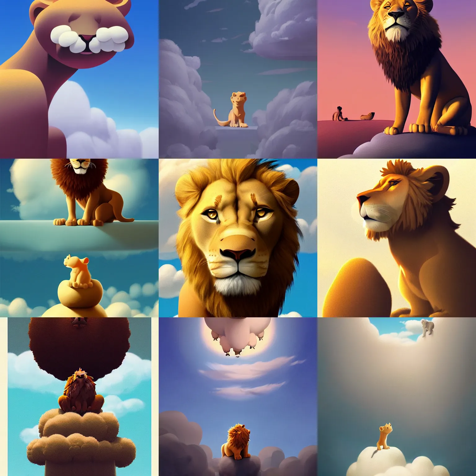 Prompt: a lion sitting on top of a cloud in the sky, a digital painting by Goro Fujita, featured on cg society, furry art, movie poster, majestic, matte painting