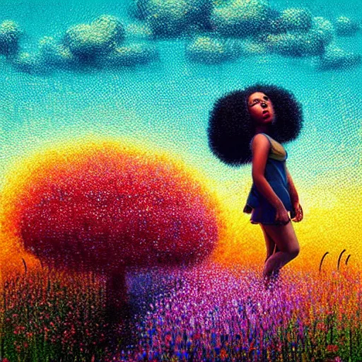 Image similar to large flowers afro, girl standing in a field with flowers, surreal photography, hills, big trees, sunrise dramatic light, impressionist painting, colorful clouds, digital painting, pointillism, artstation, simon stalenhag