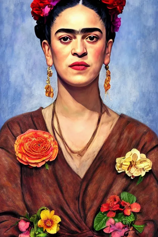 Image similar to camila cabello as frida kahlo, looking down, au naturel, hyper detailed, digital art, trending in artstation, cinematic lighting, studio quality, smooth render, unreal engine 5 rendered, octane rendered, art style by klimt and nixeu and ian sprigger and wlop and krenz cushart