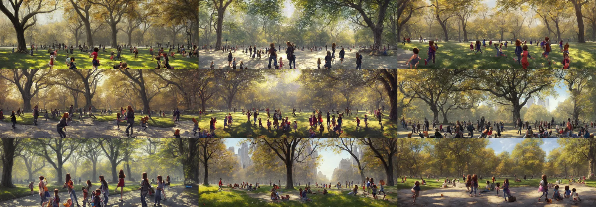 Prompt: beautiful sunny day in central park new york, kids playing, soft warm lighting, highly detailed, digital painting, trending on artstation, concept art, sharp focus, illustration, art by artgerm and greg rutkowski and magali villeneuve