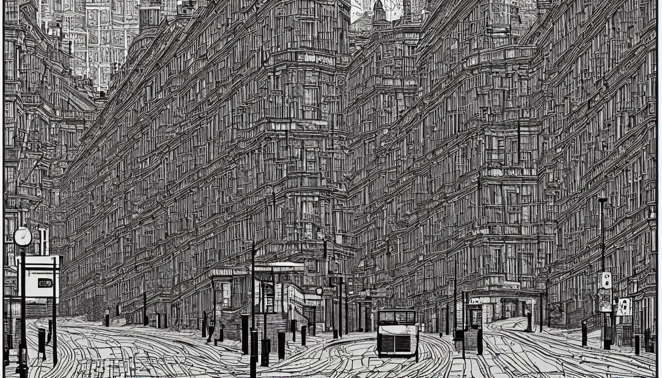 Prompt: london street by dan mumford and peter doig and edward hopper, symmetrical, minimal, black ink, thick lines highly detailed, muted colours 8 k