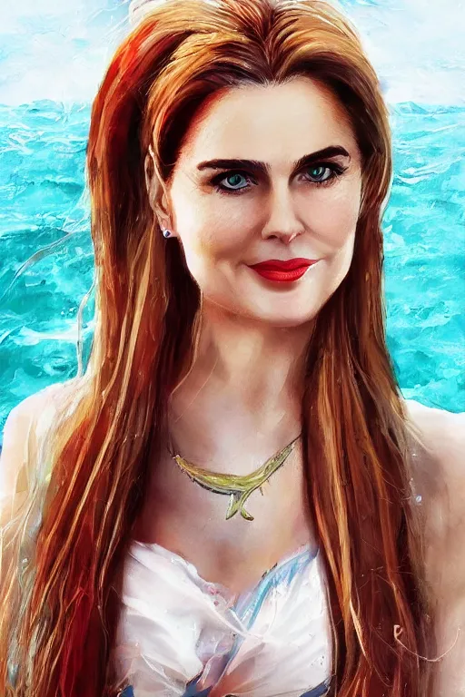 Image similar to portrait of a mix of beautiful young maria shriver, mariel hemmingway, brooke shields, nicole kidman and elle macpherson as a mermaid, thin lips, hair tied up in a pony tail, colorful artstation, cgsociety