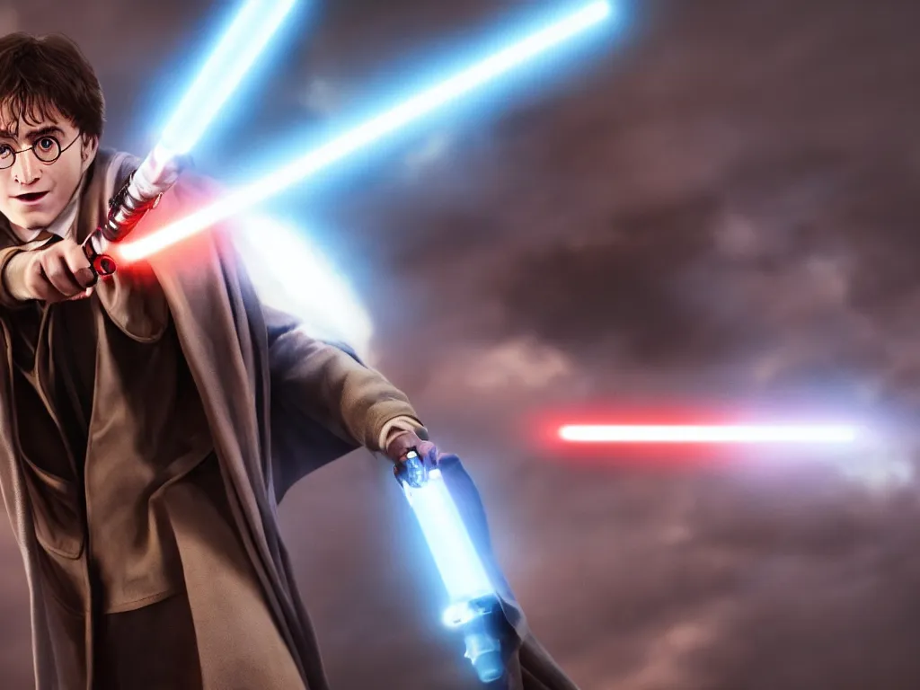 Image similar to harry potter as a jedi wielding a lightsaber, octane render, cinematic, 8 k