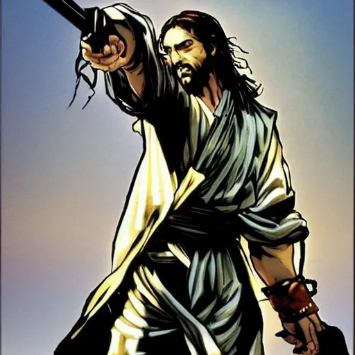 Prompt: jesus in a jojo pose, artwork by yoji shinkawa and shinkiro