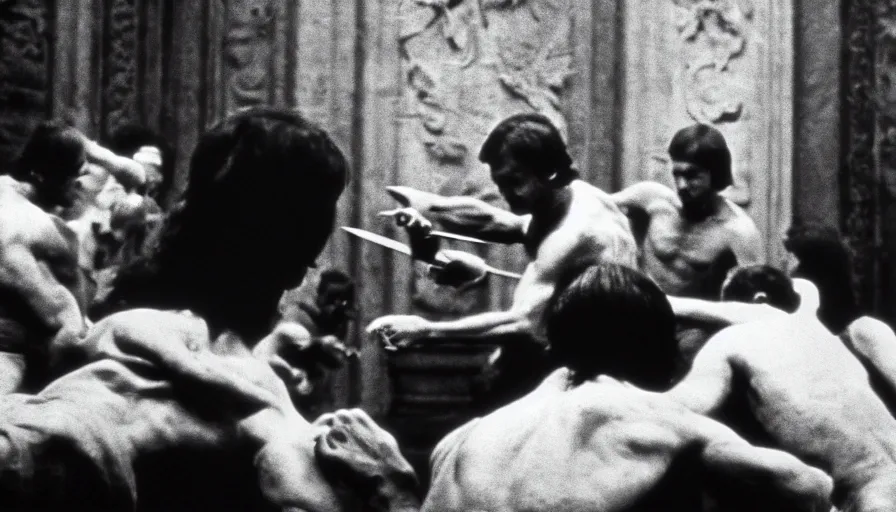 Prompt: 1 9 7 0 s movie still close - up by of men murdering caligula with daggers in a neoclassical room, cinestill 8 0 0 t 3 5 mm b & w, high quality, heavy grain, high detail, dramatic light, ultra wide lens, anamorphic, blood, bleeding