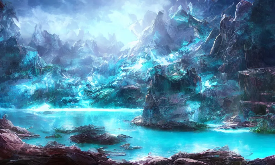 Image similar to crystalline turquoise lake, digital art, concept art, fantasy art, highly detailed, hd wallpaper, hdr, artstation, deviantart, behance