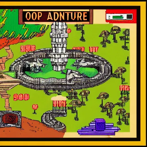 Image similar to top down fantasy roll - playing game from 1 9 8 5, dinosaurs in space village adventure, in the style of 8 - bit computer game ultima 4, played on the apple 2 e computer - w 1 0 2 4