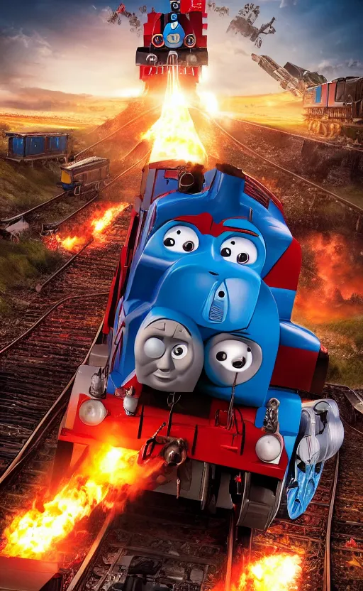 Image similar to thomas the tank engine vs. optimus prime : big revenge : coming soon to theaters, epic cinematic poster, post - apocalypse, demolition, realistic, photo, photorealistic, detailed, high quality, high resolution, 8 k, hdr, 4 k