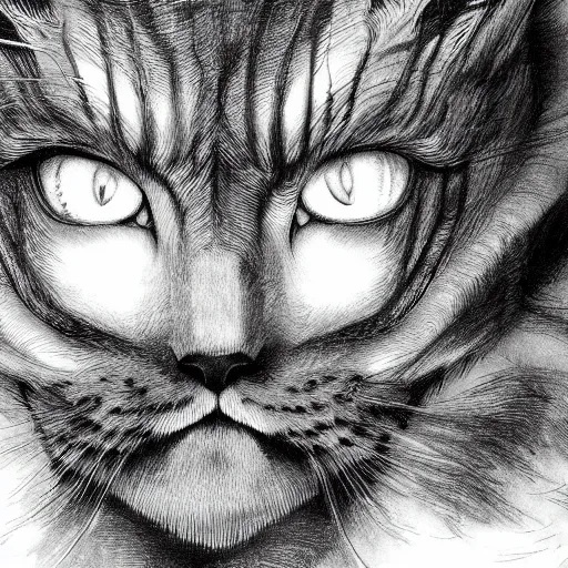 Prompt: cat felin, 4 k, 8 k, super detailed, masterpiece, trending on art station, highly detailed, full hd, kentaro miura art style