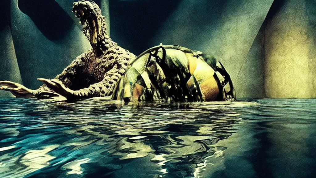 Prompt: the creature swims, water caustics, film still from the movie directed by denis villeneuve and david cronenberg with art direction by salvador dali and dr. seuss