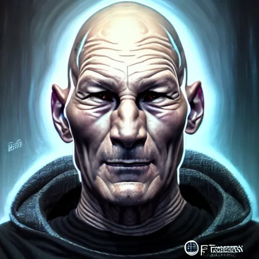 Image similar to portrait painting of a cyberpunk orc doctor who looks like patrick stewart, ultra realistic, concept art, intricate details, eerie, highly detailed, photorealistic, octane render, 8 k, unreal engine. art by artgerm and greg staples and elsa beskow and brian froud and jessica rossier